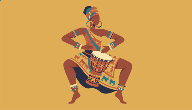 Traditional African woman wearing colorful ethnic clothes and headwrap plays djembe drum on background.