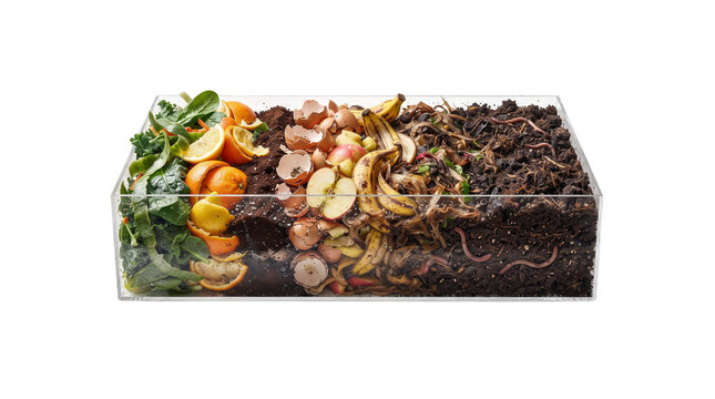 Composting process cross section, organic waste decomposition phases in container, eco friendly soil enrichment isolated PNG with Transparent Background