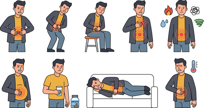 Vector illustration of severe stomach ache symptoms including acid reflux heartburn bloating indigestion medicine treatment and gastrointestinal pain