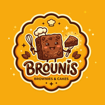 Cute Brownie Character Mascot Bakery Logo Vector Badge with Whisk, Cake Slice, and Cocoa Beans on Yellow Background