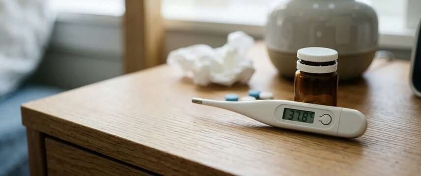 Digital thermometer and pills on a nightstand. Home health monitoring close up