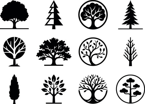 Collection of black silhouette tree icons and symbols for nature and environmental design