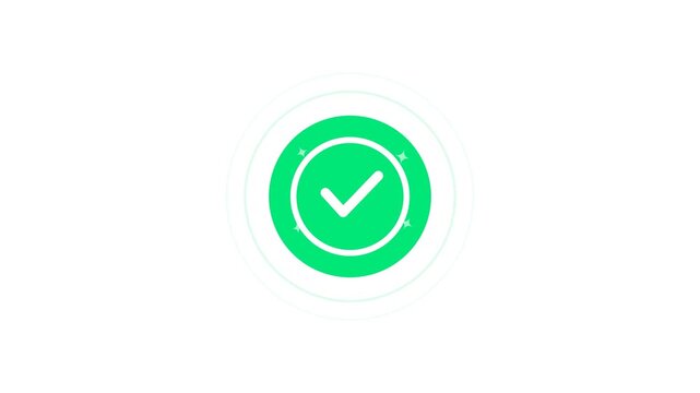 Ringing success checkmark notification icon with kinetic stroke draw and sparkle stars