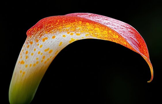 A close-up of an iridescent calla lily, with deep purple petals speckled in yellow and pink dots, set against the backdrop of lush green foliage. 