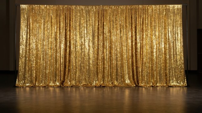 A shimmering gold sequin curtain backdrop set up for a formal event or party on a dark stage with reflective flooring