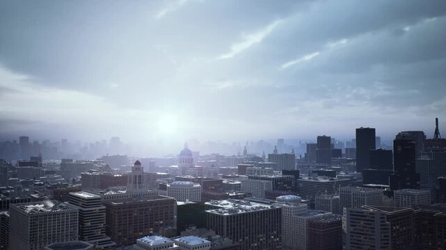 dramatic blue sunrise over urban skyline with rooftop vistas, distant towers and low haze frames show rooftop photographer, drone pilot, earlyshift barista,