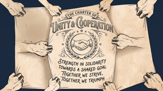 Multiple hands stretching charter of unity and cooperation vintage parchment paper horizontal banner   
