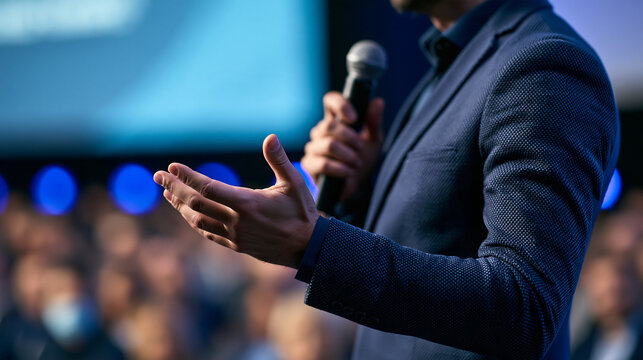 Close detail of a European motivational speaker's hands holding a microphone during a stage talk composition cropped from the upper chest to the waist with the head beyond the