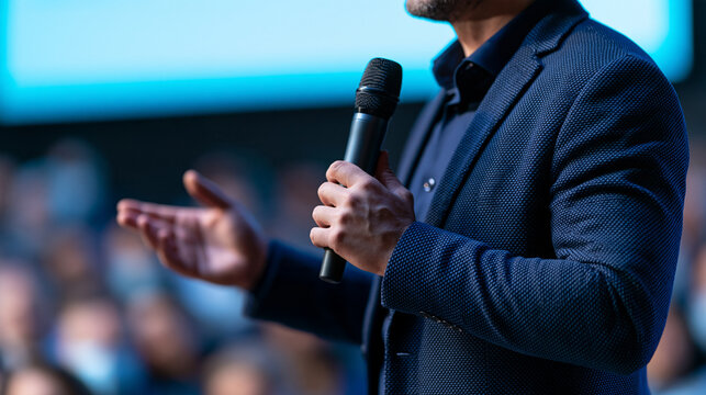 Close detail of a European motivational speaker's hands holding a microphone during a stage talk composition cropped from the upper chest to the waist with the head beyond the
