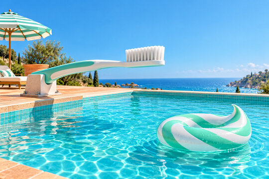 Giant toothbrush as diving board over swimming pool