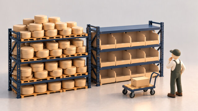 Warehouse inventory imbalance and shortage concept with 3D employee inspecting overstocked pallets on metal racks beside empty shelves in logistics storage facility