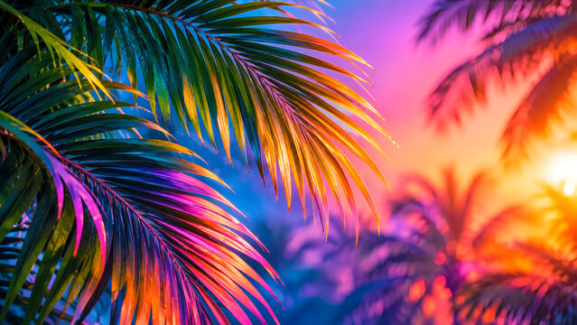 Vibrant holographic palm leaves in bold gradient colors for concept art and minimal surrealism