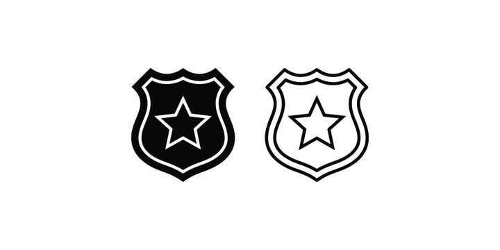 Police badge security shield icon set in filled and outline designs.
