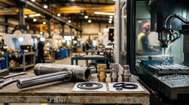 Hydraulic cylinder parts beside a machining center with polished piston rod, cylinder barrel, hose couplings, and seal kits.