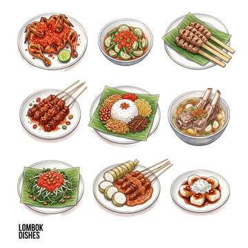 Watercolor set of nine Lombok West Nusa Tenggara dishes including Ayam Taliwang, Sate Rembiga and Plecing Kangkung, hand painted food illustration isolated on white
