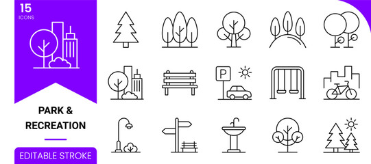 Park and recreation outline icon set featuring trees, benches, bicycle, playground, parking signs and public outdoor facilities. © Blank mind