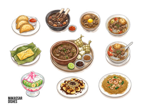Watercolor set of nine Makassar South Sulawesi dishes including Coto Makassar, Sop Konro and Pallubasa, hand painted food illustration isolated on white