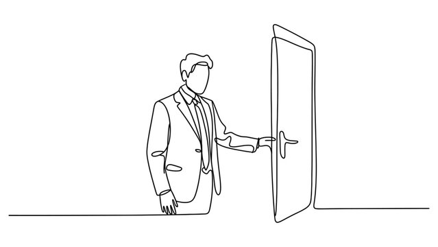Continuous single line drawing of a businessman in a suit opening a door to enter or exit a room for new business opportunities and success Vector, illustration