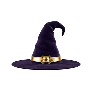 Magical purple witch hat with golden buckle isolated on transparent background for Halloween