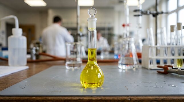 Glass laboratory volumetric flask five milliliter capacity holding vibrant yellow liquid chemical compound chemical science research experiment fluid mixture measurement equipment container glass