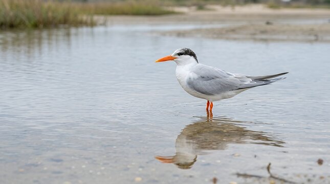 Elegant seabird standing in shallow calm water displaying soft grey and white plumage with striking orange beak and legs reflected gently on the rippled liquid surface in natural outdoor habitat