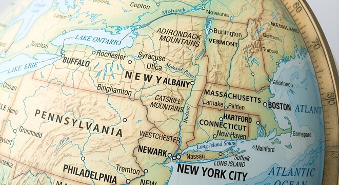 Educational globe showing New York State, New York City, surrounding states, waterways, and northeastern United States geography.