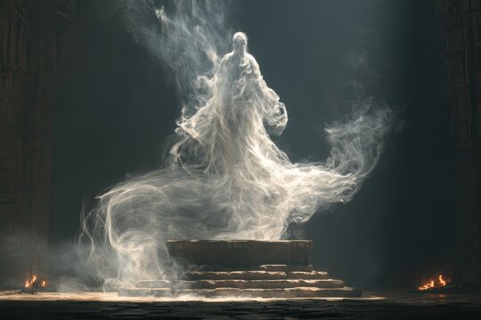 Ethereal spirit materializing above a stone altar in a dark, mysterious temple