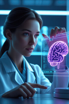 A female neurologist inspecting an interactive pink glowing virtual brain matrix hologram template on a laboratory desk. Creative biomedical engineering research layout. Technology theme.