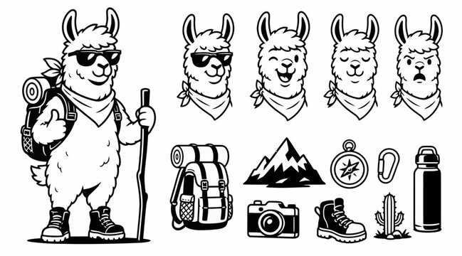 Adventure llama character set with hiking and camping equipment icons.