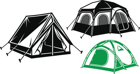 Camping tent silhouette graphic collection featuring traditional A frame cabin dome and tunnel structures vector © mdtanjimul