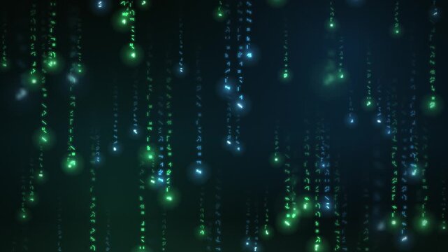 Digital rain background with glowing green and blue characters