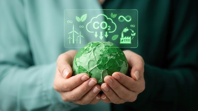 Hands holding a green paper globe with a CO2 reduction interface for net zero goals.