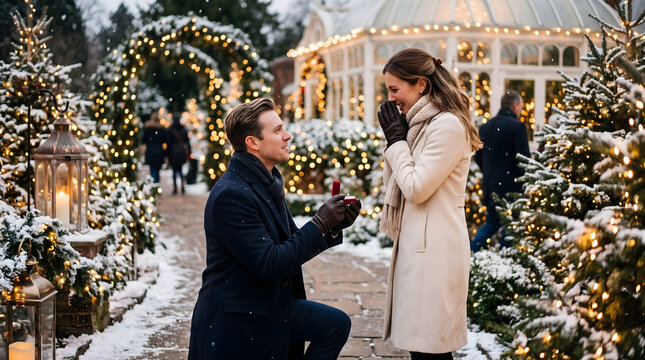 Romantic winter wedding proposal with handsome man kneeling in snow to offer diamond ring box to emotional girlfriend surrounded by decorated Christmas trees outside vintage glass conservatory
