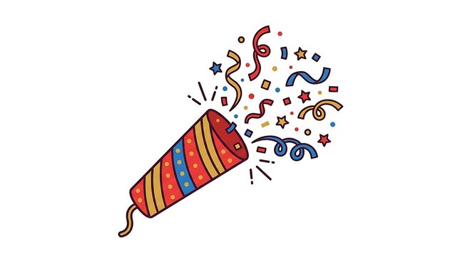 Vibrant illustration of an exploding party popper releasing colorful confetti and streamers, symbolizing celebration and joy.