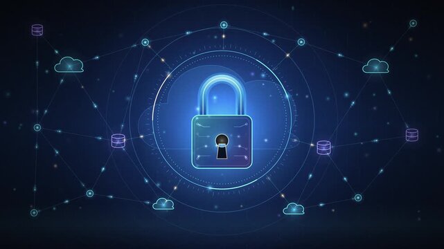 Digital security and data protection network with padlock icon