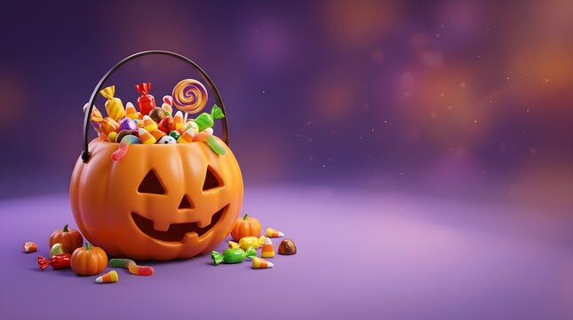 A cheerfully carved jack o lantern is overflowing with a vibrant and colorful collection of delicious halloween candy and sweet treats