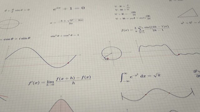 Math Formulas and Animated Diagrams on Squared Paper, Mathematics and Physics Background, Seamless Loop 4K