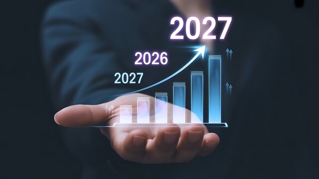 Futuristic business analytics scene showing economic growth trends and data visualization forecasts for the years 2026 and 2027