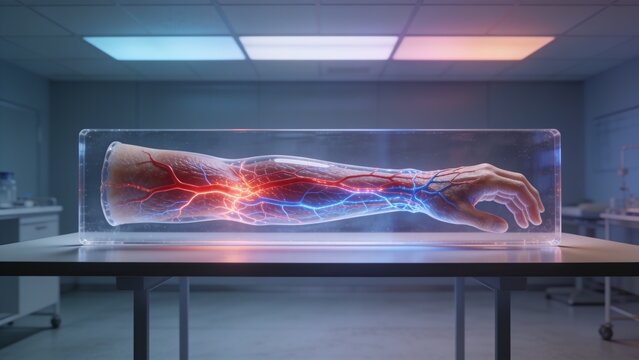 Displaying preserved human forearm and hand in research lab, showing glowing red blue vessels