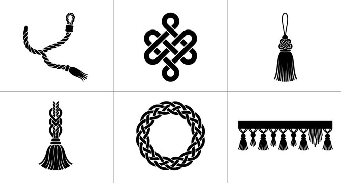 Knot and tassel silhouette set for decorative trim, logo and craft design
