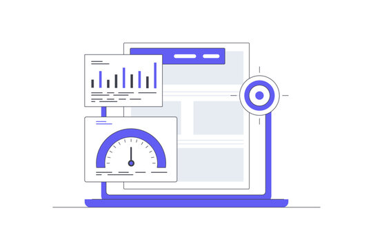 Performance Indicator Metrics and Business Intelligence KPI Speedometer. Laptop Screen Displaying Bar Chart Speedometer Gauge and Target Board. Flat Cartoon Vector Illustration, icon Stylish abstract 