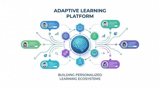 Adaptive learning platform infographic showing a personalized learning ecosystem with AI brain icon, student profiles, and educational technology symbols for digital training and education.