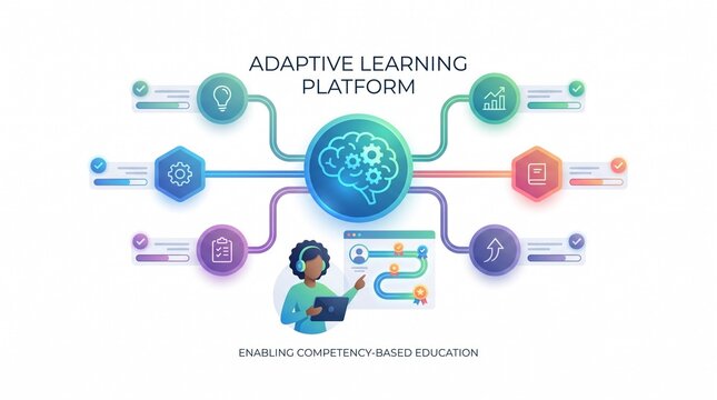 Adaptive Learning Platform Infographic for Enabling Competency-Based Education with Student Using Tablet and AI Brain Central Hub Featuring Personalized Progress Paths and Skill Tracking Concepts