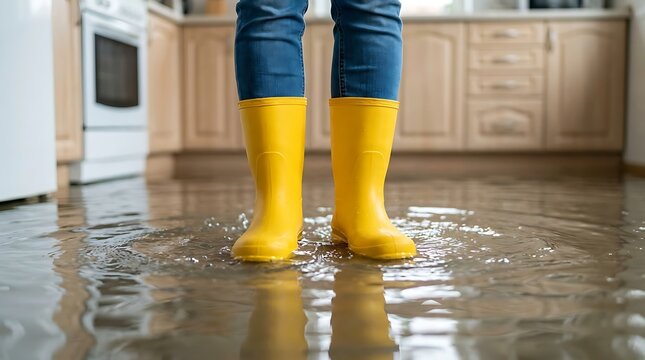 Person wearing yellow rubber boots standing in flooded kitchen with water reflections on floor during home disaster repair.