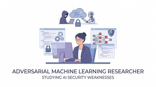 Adversarial Machine Learning Researcher Studying AI Security Weaknesses and Neural Network Vulnerabilities with Cyber Attack Simulations and Data Protection Strategies in a Vector Illustration