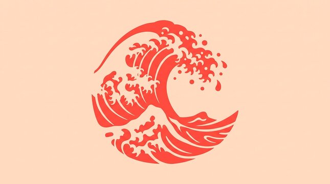 Stylized ocean wave vector graphic with traditional Japanese art style in red on beige background