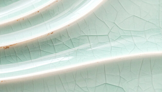 Celadon green crackle glaze ceramic macro with fine crazing lines on curved ribs, soft pastel banner background