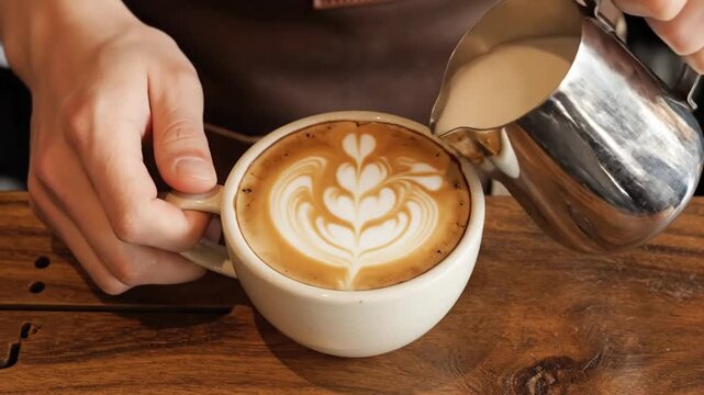 Barista pouring steamed milk to create latte art in a ceramic coffee cup.