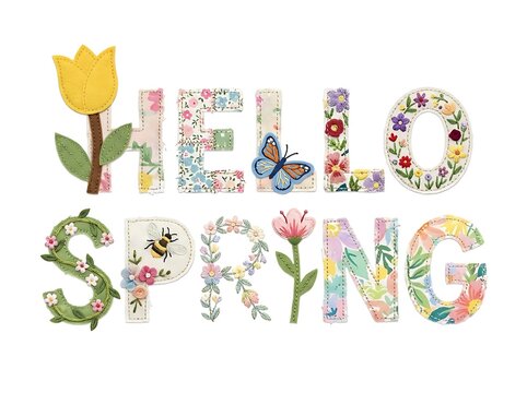Decorative fabric letters spelling hello spring decorated with embroidered flowers and insects