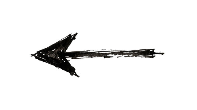 Hand-drawn black left arrow, photorealistic ink-style arrow mark with irregular handmade strokes, bold pointed tip and natural sketch texture, straight-on view, sharp focus, high-resolution graphic